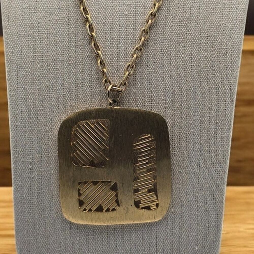 Modernist Geometric Pendant Necklace Gold Tone Sculptural Artwear